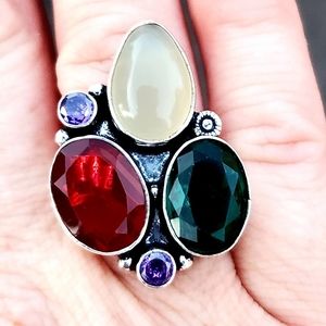 New Agate, Green Quartz, Cherry Ruby 925 Silver Ring.